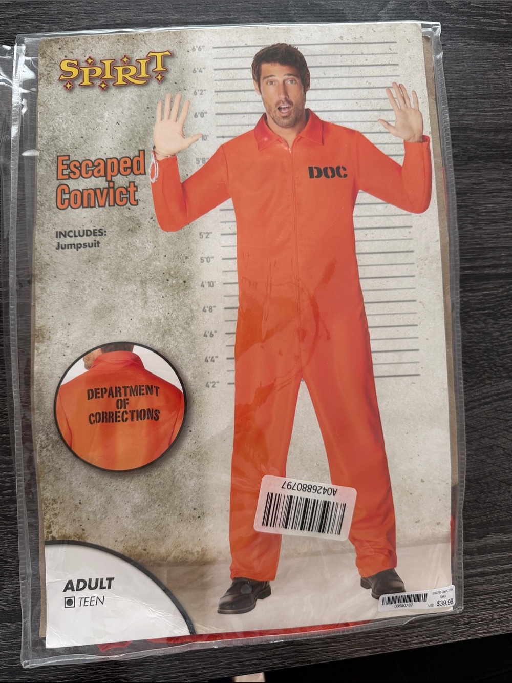 Spirit Adult Orange 'DOC' Escaped Convict Jumpsuit Costume